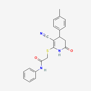 molecular formula C21H19N3O2S B8227548 2-((3-Cyano-6-oxo-4-(p-tolyl)-1,4,5,6-tetrahydropyridin-2-yl)thio)-N-phenylacetamide 