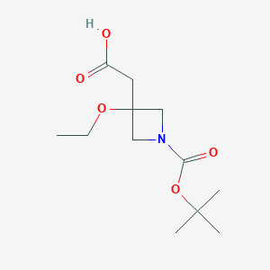 molecular formula C12H21NO5 B8230307 2-{1-[(Tert-butoxy)carbonyl]-3-ethoxyazetidin-3-yl}acetic acid 