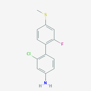 molecular formula C13H11ClFNS B8232174 2-Chloro-2'-fluoro-4'-(methylthio)biphenyl-4-amine 