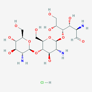 molecular formula C18H36ClN3O13 B8234820 (2R,3R,4S,5R)-2-amino-4-[(2S,3R,4R,5S,6R)-3-amino-5-[(2S,3R,4R,5S,6R)-3-amino-4,5-dihydroxy-6-(hydroxymethyl)oxan-2-yl]oxy-4-hydroxy-6-(hydroxymethyl)oxan-2-yl]oxy-3,5,6-trihydroxyhexanal;hydrochloride 
