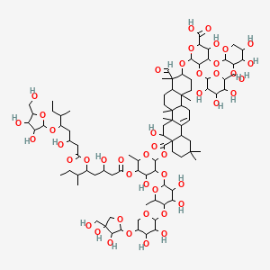 molecular formula C92H148O46 B8235307 6-[[8a-[3-[5-[5-[3,4-Dihydroxy-4-(hydroxymethyl)oxolan-2-yl]oxy-3,4-dihydroxyoxan-2-yl]oxy-3,4-dihydroxy-6-methyloxan-2-yl]oxy-5-[5-[5-[3,4-dihydroxy-5-(hydroxymethyl)oxolan-2-yl]oxy-3-hydroxy-6-methyloctanoyl]oxy-3-hydroxy-6-methyloctanoyl]oxy-4-hydroxy-6-methyloxan-2-yl]oxycarbonyl-4-formyl-8-hydroxy-4,6a,6b,11,11,14b-hexamethyl-1,2,3,4a,5,6,7,8,9,10,12,12a,14,14a-tetradecahydropicen-3-yl]oxy]-3-hydroxy-5-[3,4,5-trihydroxy-6-(hydroxymethyl)oxan-2-yl]oxy-4-(3,4,5-trihydroxyoxan-2-yl)oxyoxane-2-carboxylic acid 