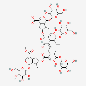 molecular formula C66H90O37 B8236248 methyl 6-[3-ethenyl-4-[(Z)-3-[3-ethenyl-5-[[4-methoxycarbonyl-7-methyl-1-[3,4,5-trihydroxy-6-(hydroxymethyl)oxan-2-yl]oxy-1,4a,5,6,7,7a-hexahydrocyclopenta[c]pyran-6-yl]oxycarbonyl]-2-[3,4,5-trihydroxy-6-(hydroxymethyl)oxan-2-yl]oxy-3,4-dihydro-2H-pyran-4-yl]-4-oxobut-2-enyl]-2-[3,4,5-trihydroxy-6-(hydroxymethyl)oxan-2-yl]oxy-3,4-dihydro-2H-pyran-5-carbonyl]oxy-7-methyl-1-[3,4,5-trihydroxy-6-(hydroxymethyl)oxan-2-yl]oxy-1,4a,5,6,7,7a-hexahydrocyclopenta[c]pyran-4-carboxylate 