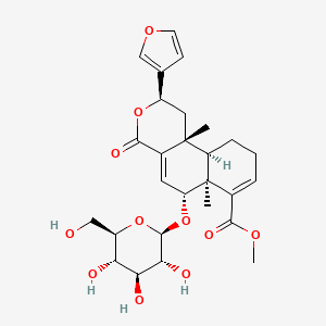 molecular formula C27H34O11 B8238648 methyl (2R,6R,6aS,10aR,10bR)-2-(furan-3-yl)-6a,10b-dimethyl-4-oxo-6-[(2R,3R,4S,5S,6R)-3,4,5-trihydroxy-6-(hydroxymethyl)oxan-2-yl]oxy-1,2,6,9,10,10a-hexahydrobenzo[f]isochromene-7-carboxylate 