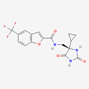 molecular formula C17H14F3N3O4 B8239979 N-[[(4R)-4-cyclopropyl-2,5-dioxoimidazolidin-4-yl]methyl]-5-(trifluoromethyl)-1-benzofuran-2-carboxamide 