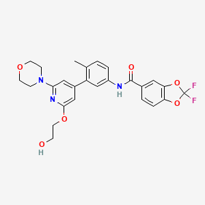molecular formula C26H25F2N3O6 B8240292 2,2-difluoro-N-[3-[2-(2-hydroxyethoxy)-6-morpholin-4-ylpyridin-4-yl]-4-methylphenyl]-1,3-benzodioxole-5-carboxamide 