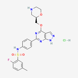 molecular formula C23H24ClFN6O4S B8242395 (R)-2-Fluoro-5-methyl-N-(4-(4-(morpholin-2-ylmethoxy)-1H-pyrazolo[3,4-d]pyrimidin-6-yl)phenyl)benzenesulfonamide hydrochloride 