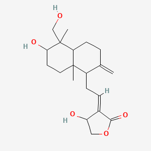 molecular formula C20H30O5 B8244376 (3E)-4-hydroxy-3-[2-[6-hydroxy-5-(hydroxymethyl)-5,8a-dimethyl-2-methylidene-3,4,4a,6,7,8-hexahydro-1H-naphthalen-1-yl]ethylidene]oxolan-2-one 