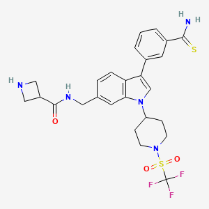 molecular formula C26H28F3N5O3S2 B8248211 N-{[3-(3-carbamothioylphenyl)-1-{1-[(trifluoromethyl)sulfonyl]piperidin-4-yl}-1H-indol-6-yl]methyl}azetidine-3-carboxamide 