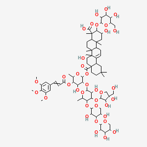 molecular formula C75H112O36 B8249642 8a-[3-[4-[3,4-Dihydroxy-4-(hydroxymethyl)oxolan-2-yl]oxy-5-[3,5-dihydroxy-4-(3,4,5-trihydroxyoxan-2-yl)oxyoxan-2-yl]oxy-3-hydroxy-6-methyloxan-2-yl]oxy-4-hydroxy-6-methyl-5-[3-(3,4,5-trimethoxyphenyl)prop-2-enoyloxy]oxan-2-yl]oxycarbonyl-2-hydroxy-6b-(hydroxymethyl)-4,6a,11,11,14b-pentamethyl-3-[3,4,5-trihydroxy-6-(hydroxymethyl)oxan-2-yl]oxy-1,2,3,4a,5,6,7,8,9,10,12,12a,14,14a-tetradecahydropicene-4-carboxylic acid 