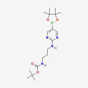 molecular formula C18H31BN4O4 B8250152 tert-butyl N-[3-[[5-(4,4,5,5-tetramethyl-1,3,2-dioxaborolan-2-yl)pyrimidin-2-yl]amino]propyl]carbamate 
