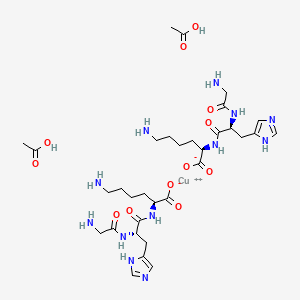 molecular formula C32H54CuN12O12 B8251353 copper;acetic acid;(2R)-6-amino-2-[[(2S)-2-[(2-aminoacetyl)amino]-3-(1H-imidazol-5-yl)propanoyl]amino]hexanoate;(2S)-6-amino-2-[[(2S)-2-[(2-aminoacetyl)amino]-3-(1H-imidazol-5-yl)propanoyl]amino]hexanoate 
