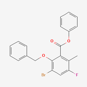 molecular formula C21H16BrFO3 B8251844 Phenyl 5-bromo-3-fluoro-2-methyl-6-phenylmethoxybenzoate 