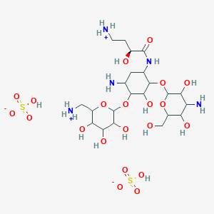 molecular formula C22H47N5O21S2 B8254885 [6-[6-amino-3-[4-amino-3,5-dihydroxy-6-(hydroxymethyl)oxan-2-yl]oxy-4-[[(2S)-4-azaniumyl-2-hydroxybutanoyl]amino]-2-hydroxycyclohexyl]oxy-3,4,5-trihydroxyoxan-2-yl]methylazanium;hydrogen sulfate 