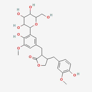 molecular formula C26H32O11 B8255293 4-[(4-Hydroxy-3-methoxyphenyl)methyl]-3-[[4-hydroxy-3-methoxy-5-[3,4,5-trihydroxy-6-(hydroxymethyl)oxan-2-yl]phenyl]methyl]oxolan-2-one 