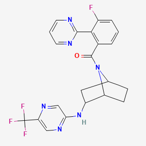 molecular formula C22H18F4N6O B8256495 (3-Fluoro-2-pyrimidin-2-ylphenyl)-[2-[[5-(trifluoromethyl)pyrazin-2-yl]amino]-7-azabicyclo[2.2.1]heptan-7-yl]methanone 
