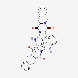 molecular formula C42H40N6O4 B8257814 4-Benzyl-9-(4-benzyl-5-methyl-3,6-dioxo-2,5,16-triazatetracyclo[7.7.0.02,7.010,15]hexadeca-10,12,14-trien-9-yl)-5-methyl-2,5,16-triazatetracyclo[7.7.0.02,7.010,15]hexadeca-10,12,14-triene-3,6-dione 