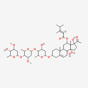 molecular formula C48H76O16 B8257837 [17-acetyl-8,14,17-trihydroxy-3-[4-hydroxy-5-[5-(5-hydroxy-4-methoxy-6-methyloxan-2-yl)oxy-4-methoxy-6-methyloxan-2-yl]oxy-6-methyloxan-2-yl]oxy-10,13-dimethyl-1,2,3,4,7,9,11,12,15,16-decahydrocyclopenta[a]phenanthren-12-yl] (E)-3,4-dimethylpent-2-enoate 
