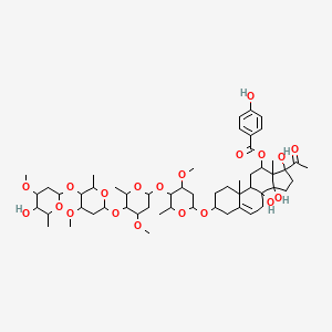 molecular formula C56H84O20 B8257840 [17-Acetyl-8,14,17-trihydroxy-3-[5-[5-[5-(5-hydroxy-4-methoxy-6-methyloxan-2-yl)oxy-4-methoxy-6-methyloxan-2-yl]oxy-4-methoxy-6-methyloxan-2-yl]oxy-4-methoxy-6-methyloxan-2-yl]oxy-10,13-dimethyl-1,2,3,4,7,9,11,12,15,16-decahydrocyclopenta[a]phenanthren-12-yl] 4-hydroxybenzoate 