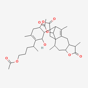 molecular formula C34H46O9 B8257862 4-(15'-Acetyloxy-4-hydroxy-2',6,7',11'-tetramethyl-2,6'-dioxospiro[3a,4,7,7a-tetrahydro-1-benzofuran-3,13'-5-oxatetracyclo[10.2.1.01,10.04,8]pentadec-10-ene]-5-yl)pentyl acetate 