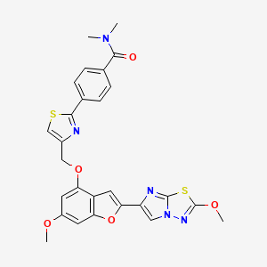 molecular formula C27H23N5O5S2 B8257941 Benzamide, 4-(4-(((6-methoxy-2-(2-methoxyimidazo(2,1-b)-1,3,4-thiadiazol-6-yl)-4-benzofuranyl)oxy)methyl)-2-thiazolyl)-N,N-dimethyl- CAS No. 1478711-48-6