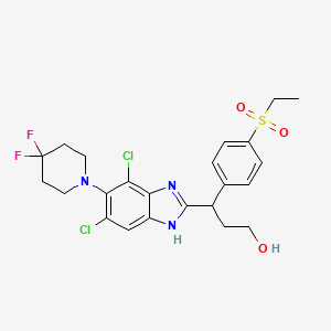 molecular formula C23H25Cl2F2N3O3S B8258312 3-[4,6-dichloro-5-(4,4-difluoropiperidin-1-yl)-1H-benzimidazol-2-yl]-3-(4-ethylsulfonylphenyl)propan-1-ol 