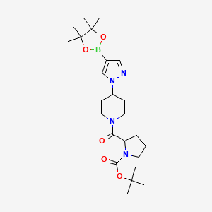 molecular formula C24H39BN4O5 B8258814 tert-Butyl 2-(4-(4-(4,4,5,5-tetramethyl-1,3,2-dioxaborolan-2-yl)-1H-pyrazol-1-yl)piperidine-1-carbonyl)pyrrolidine-1-carboxylate 