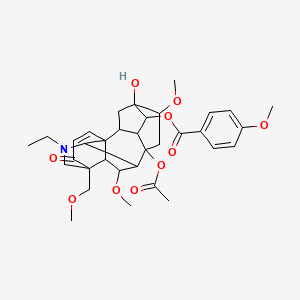 molecular formula C34H43NO10 B8259410 [8-Acetyloxy-11-ethyl-5-hydroxy-6,18-dimethoxy-13-(methoxymethyl)-14-oxo-11-azahexacyclo[7.7.2.12,5.01,10.03,8.013,17]nonadec-15-en-4-yl] 4-methoxybenzoate 