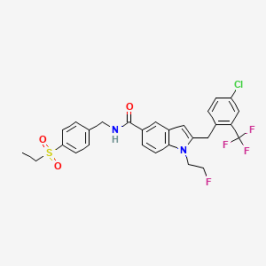 molecular formula C28H25ClF4N2O3S B8259680 2-[[4-chloro-2-(trifluoromethyl)phenyl]methyl]-N-[(4-ethylsulfonylphenyl)methyl]-1-(2-fluoroethyl)indole-5-carboxamide 