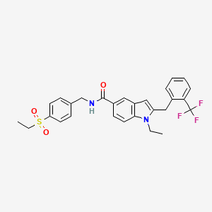 molecular formula C28H27F3N2O3S B8259688 1-ethyl-N-[(4-ethylsulfonylphenyl)methyl]-2-[[2-(trifluoromethyl)phenyl]methyl]indole-5-carboxamide 