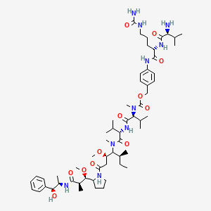 [4-[[(2S)-2-[[(2S)-2-amino-3-methylbutanoyl]amino]-5-(carbamoylamino)pentanoyl]amino]phenyl]methyl N-[(2S)-1-[[(2S)-1-[[(3R,5S)-1-[(2S)-2-[(1R,2R)-3-[[(1S,2R)-1-hydroxy-1-phenylpropan-2-yl]amino]-1-methoxy-2-methyl-3-oxopropyl]pyrrolidin-1-yl]-3-methoxy-5-methyl-1-oxoheptan-4-yl]-methylamino]-3-methyl-1-oxobutan-2-yl]amino]-3-methyl-1-oxobutan-2-yl]-N-methylcarbamate