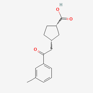 molecular formula C15H18O3 B8260699 cis-3-[2-(3-Methylphenyl)-2-oxoethyl]-cyclopentane-1-carboxylic acid 