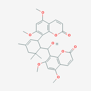 molecular formula C32H34O9 B8261245 8-[6-[(5,7-Dimethoxy-2-oxochromen-8-yl)-hydroxymethyl]-3,5,5-trimethylcyclohex-2-en-1-yl]-5,7-dimethoxychromen-2-one 