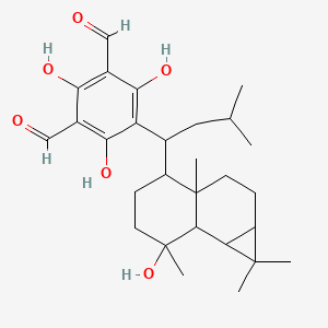 molecular formula C28H40O6 B8261578 2,4,6-Trihydroxy-5-[1-(7-hydroxy-1,1,3a,7-tetramethyl-1a,2,3,4,5,6,7a,7b-octahydrocyclopropa[a]naphthalen-4-yl)-3-methylbutyl]benzene-1,3-dicarbaldehyde 
