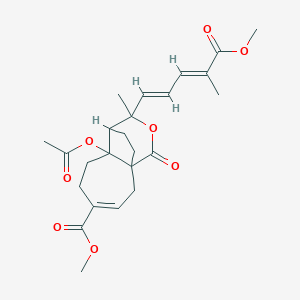 molecular formula C24H30O8 B8261751 methyl 7-acetyloxy-9-[(1E,3E)-5-methoxy-4-methyl-5-oxopenta-1,3-dienyl]-9-methyl-11-oxo-10-oxatricyclo[6.3.2.01,7]tridec-3-ene-4-carboxylate 