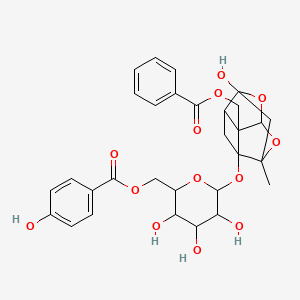 molecular formula C30H32O13 B8262758 [6-[[2-(Benzoyloxymethyl)-6-hydroxy-8-methyl-9,10-dioxatetracyclo[4.3.1.02,5.03,8]decan-3-yl]oxy]-3,4,5-trihydroxyoxan-2-yl]methyl 4-hydroxybenzoate 