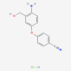 molecular formula C14H13ClN2O2 B8263448 4-(4-Amino-3-(hydroxymethyl)phenoxy)benzonitrile hydrochloride 