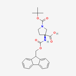 molecular formula C25H28N2O6 B8264975 (3S)-3-(9H-fluoren-9-ylmethoxycarbonylamino)-1-[(2-methylpropan-2-yl)oxycarbonyl]pyrrolidine-3-carboxylic acid 