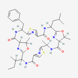 molecular formula C38H48N8O6S2 B8265193 11-Benzyl-4-(butan-2-yl)-7,21,25-trimethyl-18-(2-methylpropyl)-6,20-dioxa-13,27-dithia-3,10,17,24,29,30,31,32-octaazapentacyclo[24.2.1.15,8.112,15.119,22]dotriaconta-1(28),5(32),12(31),14,19(30),26(29)-hexaene-2,9,16,23-tetrone CAS No. 81098-23-9