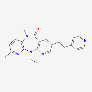 molecular formula C21H20IN5O B8272798 2-Ethyl-5-iodo-9-methyl-13-[2-(pyridin-4-yl)ethyl]-2,4,9,15-tetraazatricyclo[9.4.0.0^{3,8}]pentadeca-1(15),3(8),4,6,11,13-hexaen-10-one 