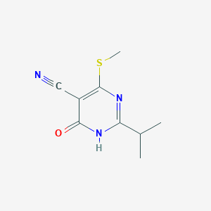molecular formula C9H11N3OS B8273565 1,4-Dihydro-2-(1-methylethyl)-6-(methylthio)-4-oxo-5-pyrimidinecarbonitrile 