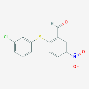 molecular formula C13H8ClNO3S B8274559 2-[(3-Chlorophenyl)thio]-5-nitrobenzaldehyde 