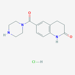 molecular formula C14H18ClN3O2 B8275271 6-(1-Piperazinylcarbonyl)-3,4-dihydrocarbostyril hydrochloride 