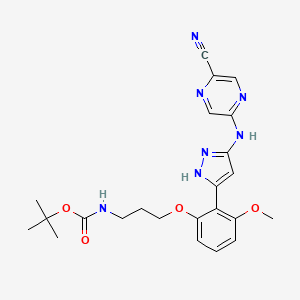molecular formula C23H27N7O4 B8275831 Carbamic acid, N-[3-[2-[3-[(5-cyano-2-pyrazinyl)amino]-1H-pyrazol-5-yl]-3-methoxyphenoxy]propyl]-, 1,1-dimethylethyl ester 