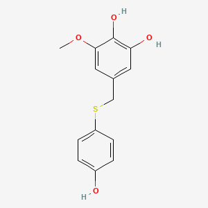 molecular formula C14H14O4S B8277741 5-(((4-Hydroxyphenyl)thio)methyl)-3-methoxy-1,2-benzenediol 