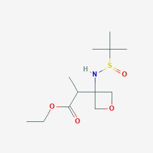 molecular formula C12H23NO4S B8283166 Ethyl 2-{3-[(tert-butylsulfinyl)amino]oxetan-3-yl}propanoate 