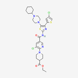 molecular formula C31H38Cl2N6O3S2 B8283717 Ethyl 1-(3-chloro-5-((4-(4-chlorothiophen-2-yl)-5-(4-cyclohexylpiperazin-1-yl)thiazol-2-yl)carbamoyl)pyridin-2-yl)piperidine-4-carboxylate 
