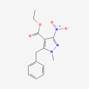 molecular formula C14H15N3O4 B8284272 ethyl 5-benzyl-1-methyl-3-nitro-1H-pyrazole-4-carboxylate 