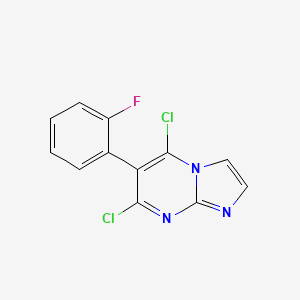 molecular formula C12H6Cl2FN3 B8290310 5,7-Dichloro-6-(2-fluorophenyl)-imidazo[1,2-a]pyrimidine 