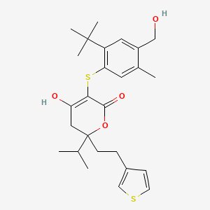 molecular formula C26H34O4S2 B8293919 5-[2-tert-butyl-4-(hydroxymethyl)-5-methyl-phenyl]sulfanyl-4-hydroxy-2-isopropyl-2-[2-(3-thienyl)ethyl]-3H-pyran-6-one 