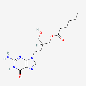 molecular formula C16H25N5O4 B8294447 Hexanoic acid, 4-(2-amino-1,6-dihydro-6-oxo-9H-purin-9-yl)-2-(hydroxymethyl)butyl ester CAS No. 97845-82-4